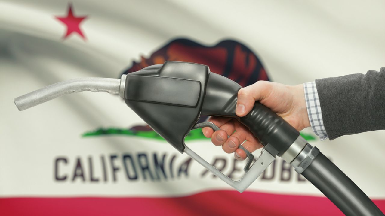 Gas pump in front of California's Flag